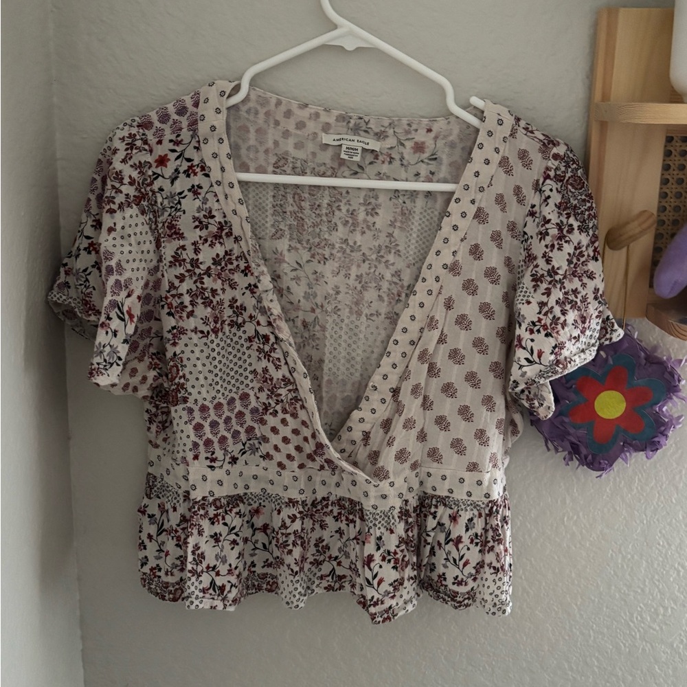 American Eagle Outfitters Brown and White Wrap Crop Blouse